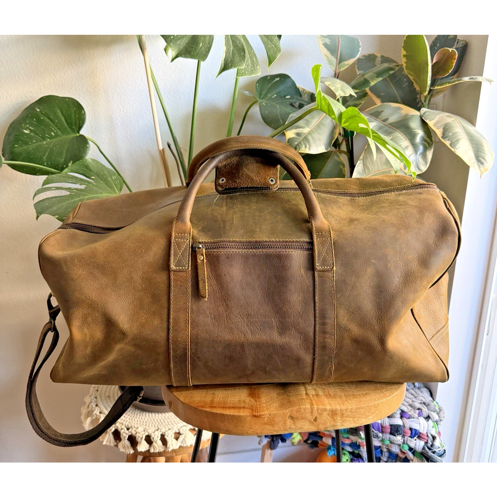 KomalC Genuine Leather Duffle Bag Brown Large Travel Weekender Carry On Rugged
